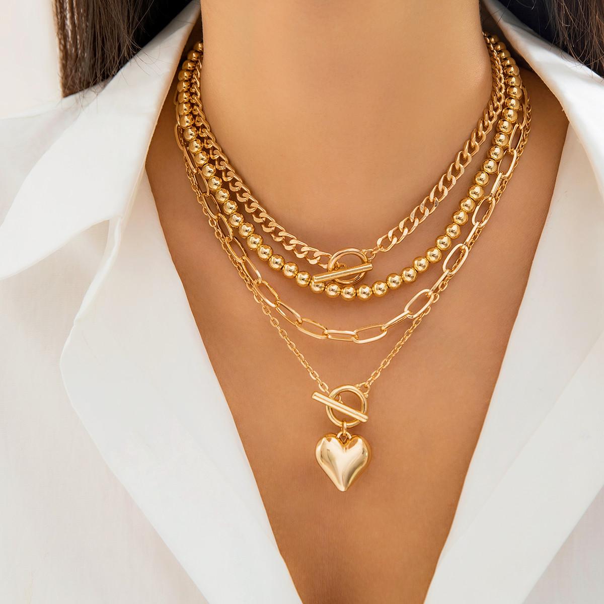 

4Pcs/Set Punk Gold Color Heart Pendant Necklace for Women Trendy OT Buckle Beaded Neck Chain Choker Jewelry Accessories