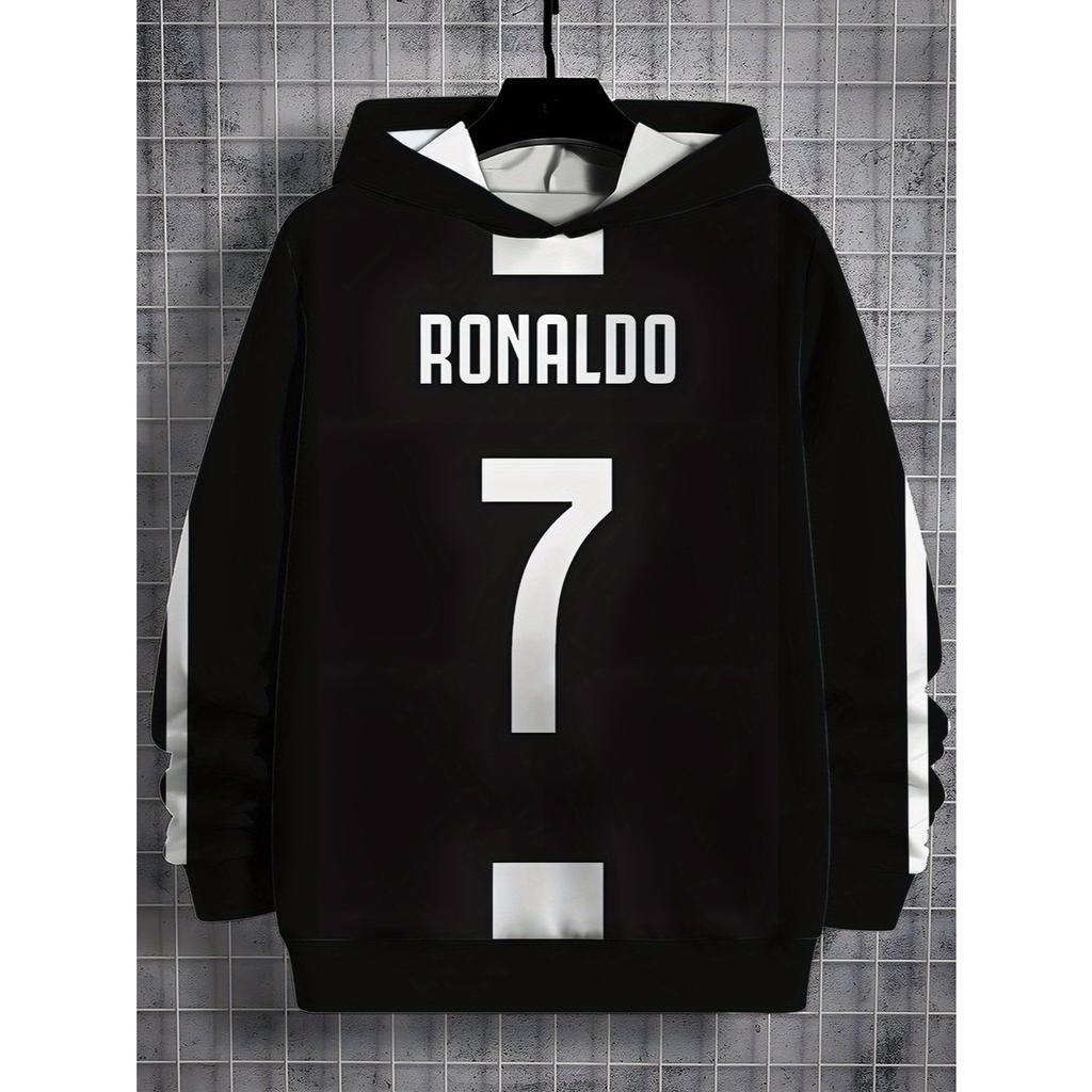 Boys' Football Hoodie - Ronaldo NO.7 Jersey Design, Black and White Sports Pullover