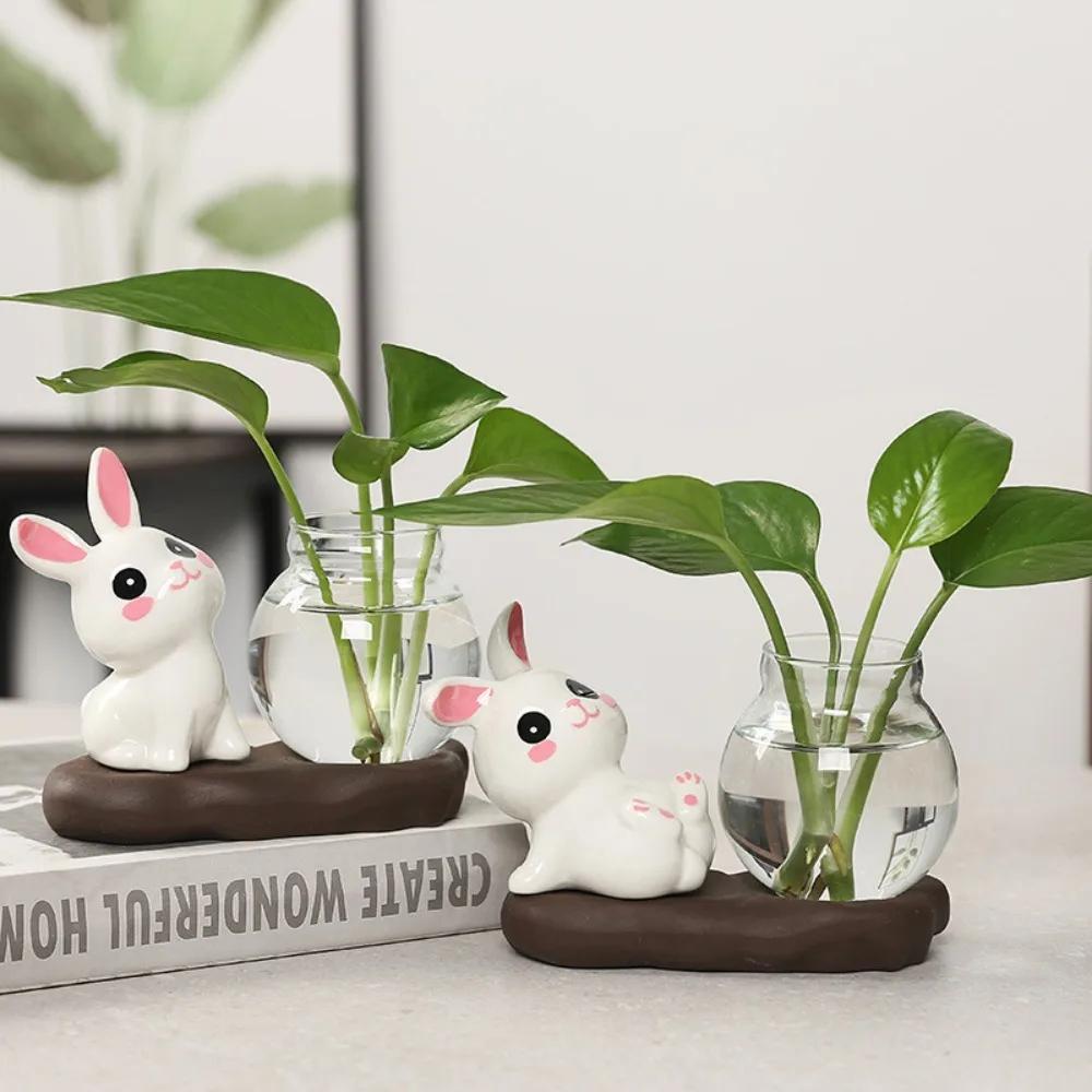 Cute Rabbit Hydroponic Plant Vases Transparent Glass Vase Tabletop Decoration Aquatic Flower Bottle with Wooden Base