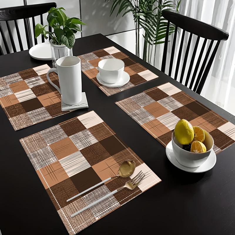 4/6/8/10PC Vintage Plaid Placemats Brown Rice Waterproof Restaurant Cafe Picnic Linen American Country Style