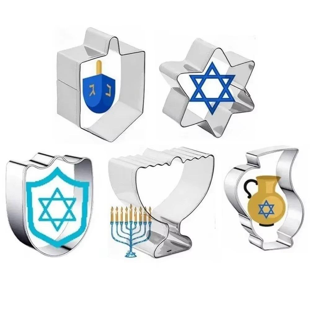 

5pcs Stainless Steel Hanukkah Cookie Mould DIY Cookie Die Cutting Cookie Cutters Muti-Shaped Cookie Molds Hanukkah Party Gifts