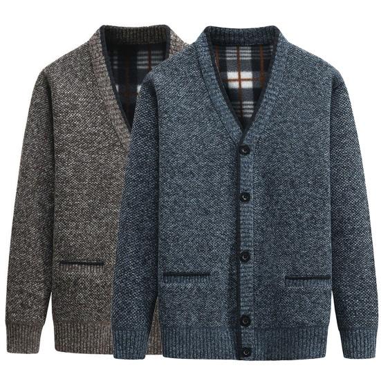 V-Neck Pockets Sweater Coat Autumn Winter Fleece Lining Solid Color Cardigan Sweater Outerwear