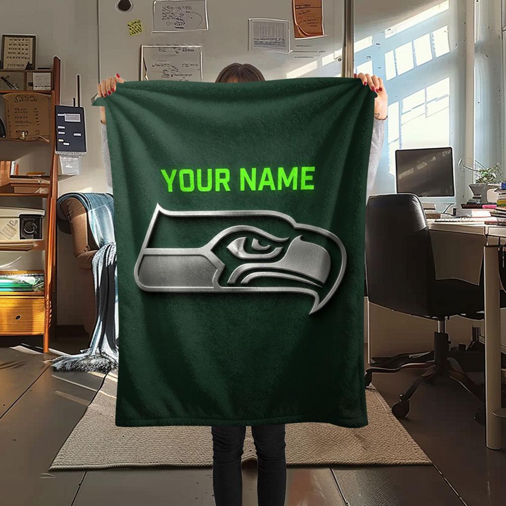 Custom Name,Seattle Seahawks Printed Flannel Blanket, Soft Throw for Bedroom Sofa, Washable, Christmas Present, Great Gift.