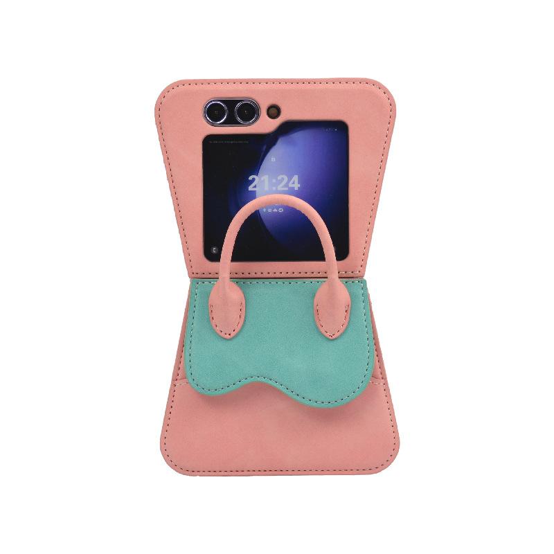 Suitable for Samsung ZFLIP 40% off foldable screen card slot color-blocked phone case, Huawei Pura X single-shoulder crossbody phone leather case