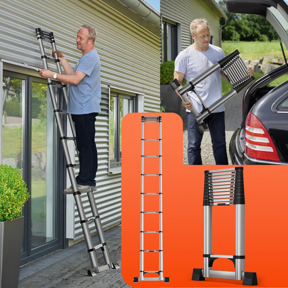 3.8M Telescopic Ladder 12.5FT Stainless Steel Extendable Sturdy Loft For Draw Wall Replace Bulb Repair Roof Bearing 330lbs