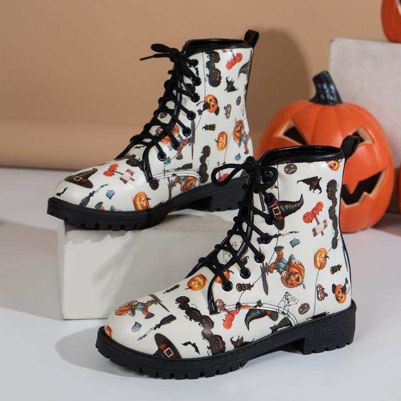 European American Halloween Women's Boots  Autumn New Collection Front Strap Printed Large Design Sense Women's Short Boots