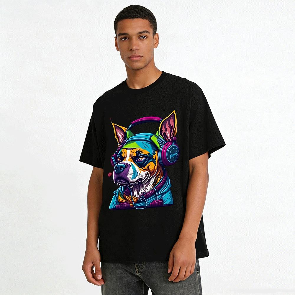 Cool Bulldog With Headphones Graphic Unisex Casual Tee Pure cotton T-shirt