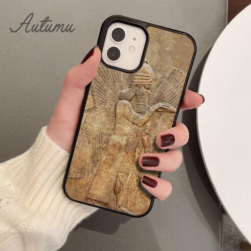 Carving Assyrian Mesopotamian Handyhülle für iPhone 11 12 13 14 Pro Max Mini X XR XS SE 2020 6 7 8 Plus Galaxy S21 S22 Schale