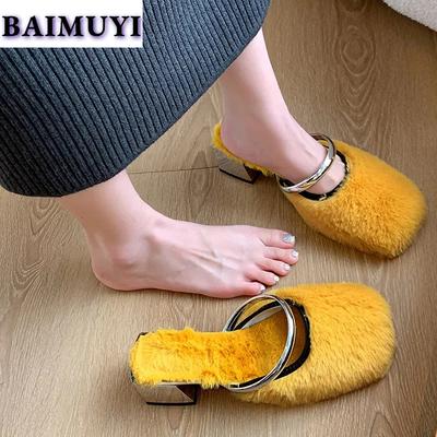 Pantoufles en fourrure léopard Chaussures chaudes à talons hauts pour femmes Hiver 2025 Nouvelles Élégantes Slingback Peluche Courte Tongs Tendance Zapatillas Mujer