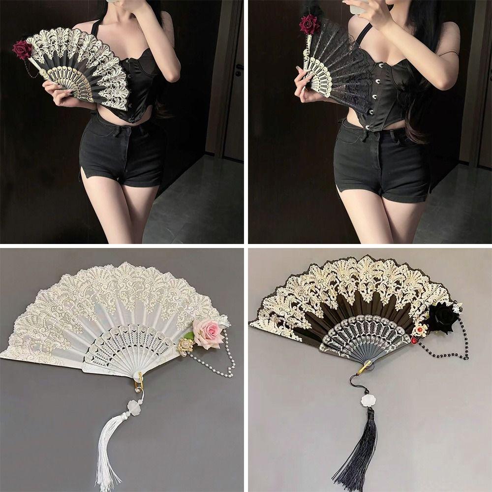 Art Craft Gift Lace Rose Folding Fan Gothic Dance Cosplay Hand Held Fans Home Wedding Party Photograph Props