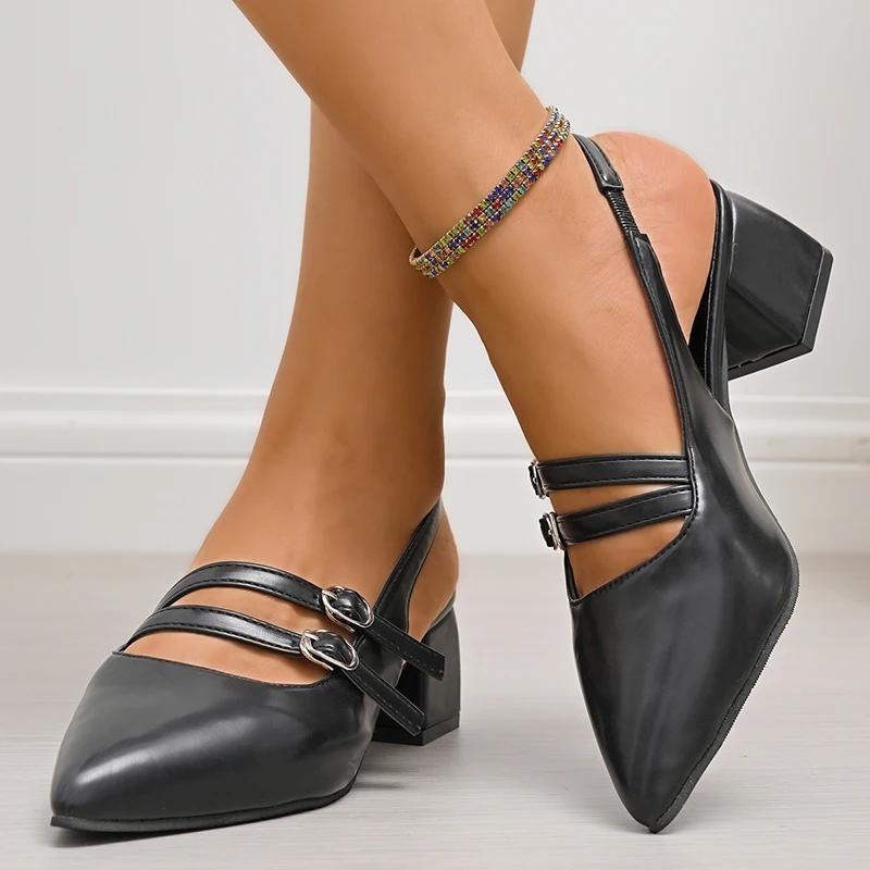 Pointed Toe Chunky Heel Sandals for Women Summer 2025 Double Buckle Strap Thick Heeled Pumps Mujer Dress Shoes Zapatos De Mujer