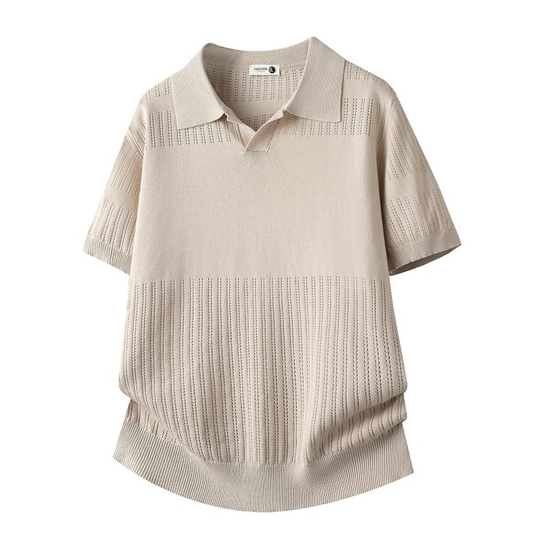 Lapel Ice Silk Short-sleeved Polo Shirt Knitted Short-sleeved Polo Shirt T-shirt Men s Casual Loose Shirt Top 2XL абрикосовый света