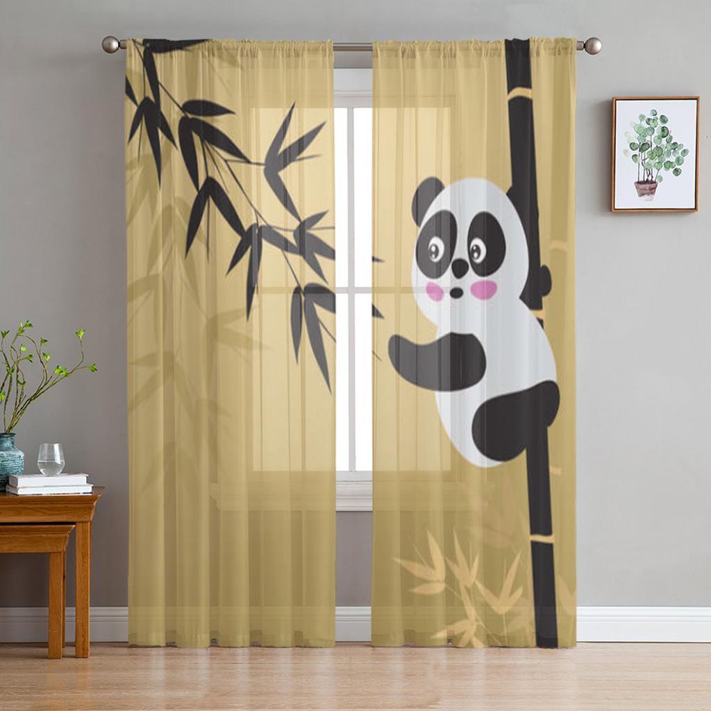 Cartoon Niedlicher Panda Bambus Retro Transparente Vorhänge Für Wohnzimmer Schlafzimmer Tüllvorhänge Küchenfensterdekorationen Paneel Vorhänge