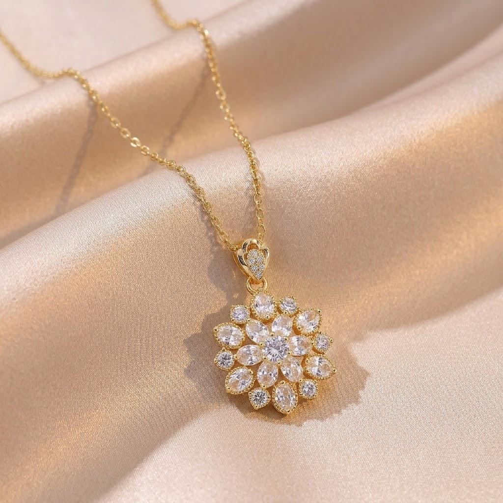 Necklace: Women's European & American Style Copper Sunflower Pendant with Zircon, Pearl, and Water Drop Design Fashionable Collarbone Chain Jewelry.