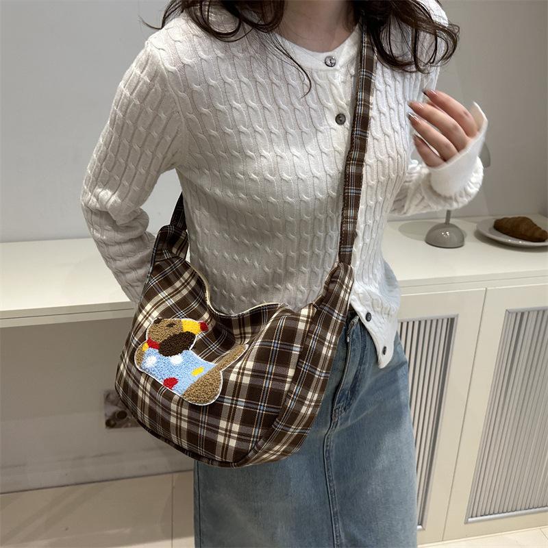 Korean Style Fashion Checkered Dumpling Bag New Style Women's Bag Cute Spotted Dog Student Class Shoulder Bag Trendy Crossbody Bag