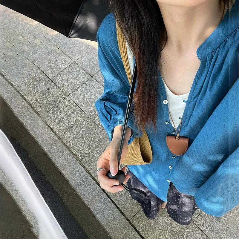 Women s Linen Blend V-Neck Blouse Loose Fit Casual Button-Up Summer Top S синий