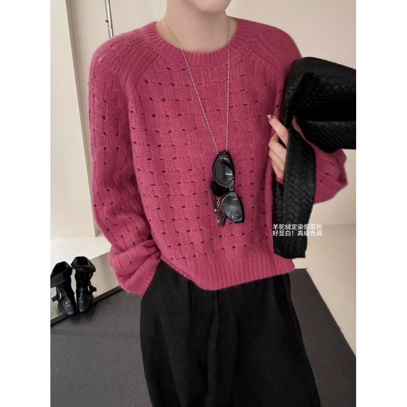 Autumn Women Pink Hollow Out Knit Loose Casual Sweater OneSize розовый
