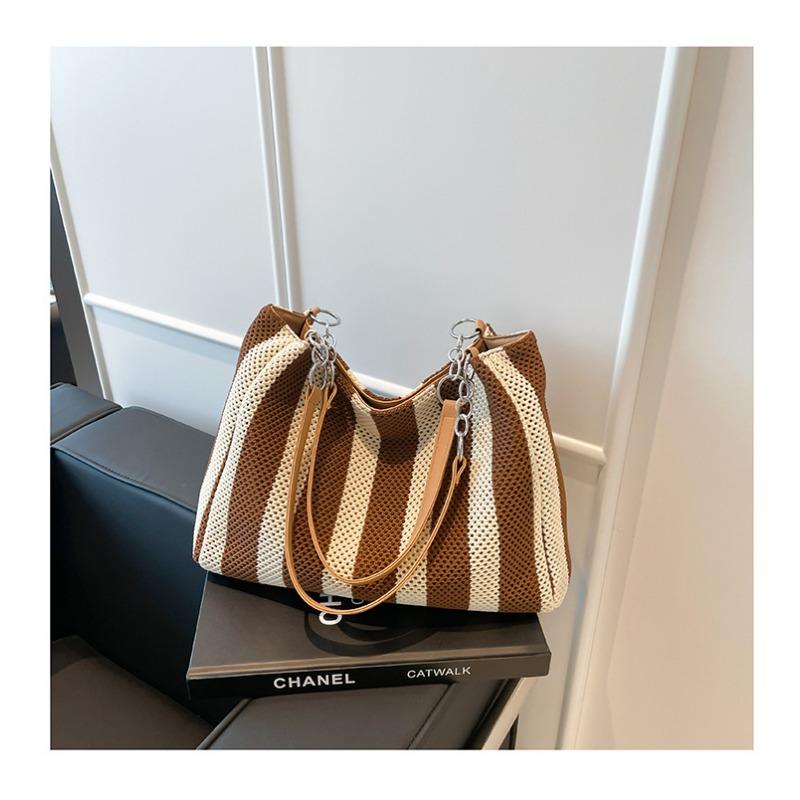 Contrasting Striped Woven Bag Women's New Commuter Shoulder Underarm Bag Vacation Wind Woven Tote Bag