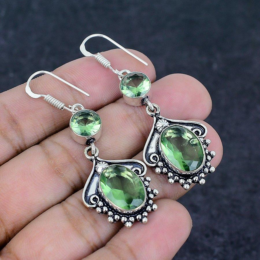 Boucle d'oreille en Argent Sterling 925 Fait Main avec Pierre Précieuse Tsavorite Naturelle 2,17" F2q13