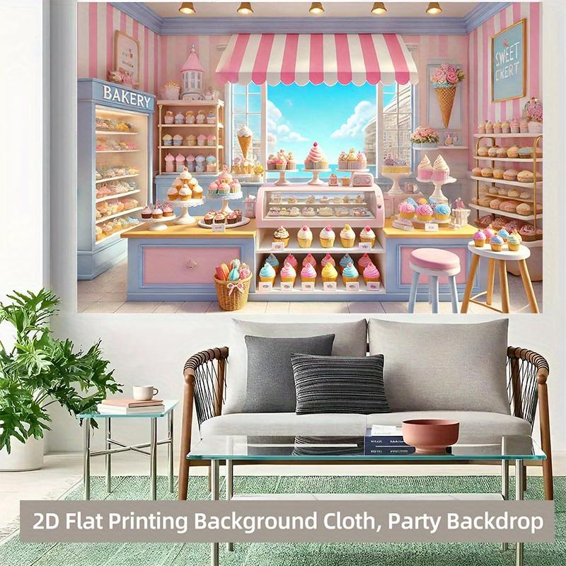 2D plane 1 piece. In the dreamy dessert shop there are many delicious polyester background banners.