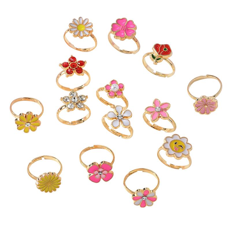 6/12/36pcs Cute Adjustable Rings Children Girls Pretend Play Makeup Toys Cartoon Crystal Jewelry Alloy Animal Enamel Rings