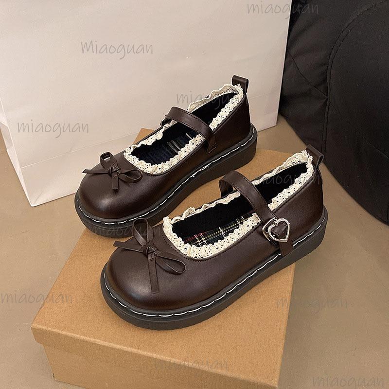 British Style Bow Lolita Shoes Women's Round Toe Mary Jane Shoes Pu Leather Flat Mid-heel Pumps Brown Zapatos De Mujer Size 35