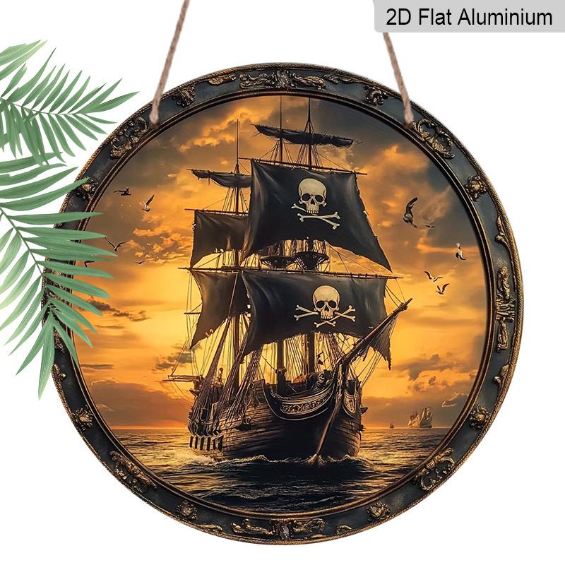 

2D Flat, 1pc Vintage Pirate Ship Wall Decor - Round Aluminum Metal Nautical Sign, Jolly Roger Skull & Crossbones Wall Plaque, Suitable for Home, Bar 7.87×7.87inch