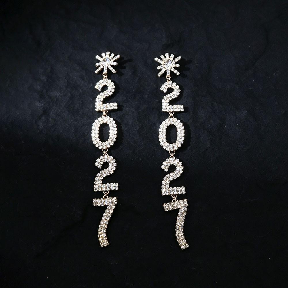 Long Drop Happy New Year Earrings Rhinestone Stud Earrings Fashion 2027 Digital Earrings Christmas