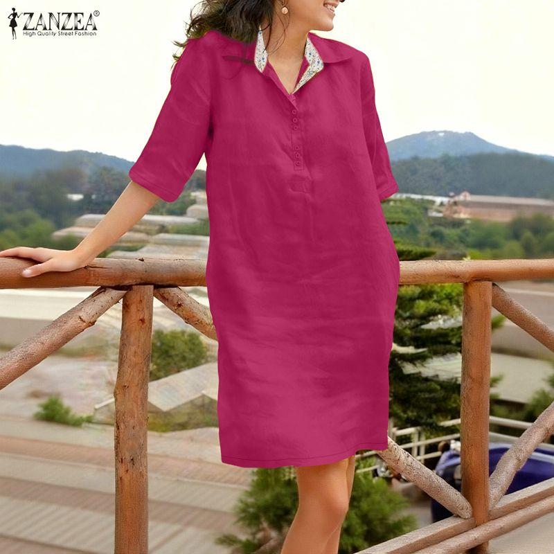 ZANZEA Women Casual Turn Down Collar Loose Summer Half Sleeve Shirt Dress