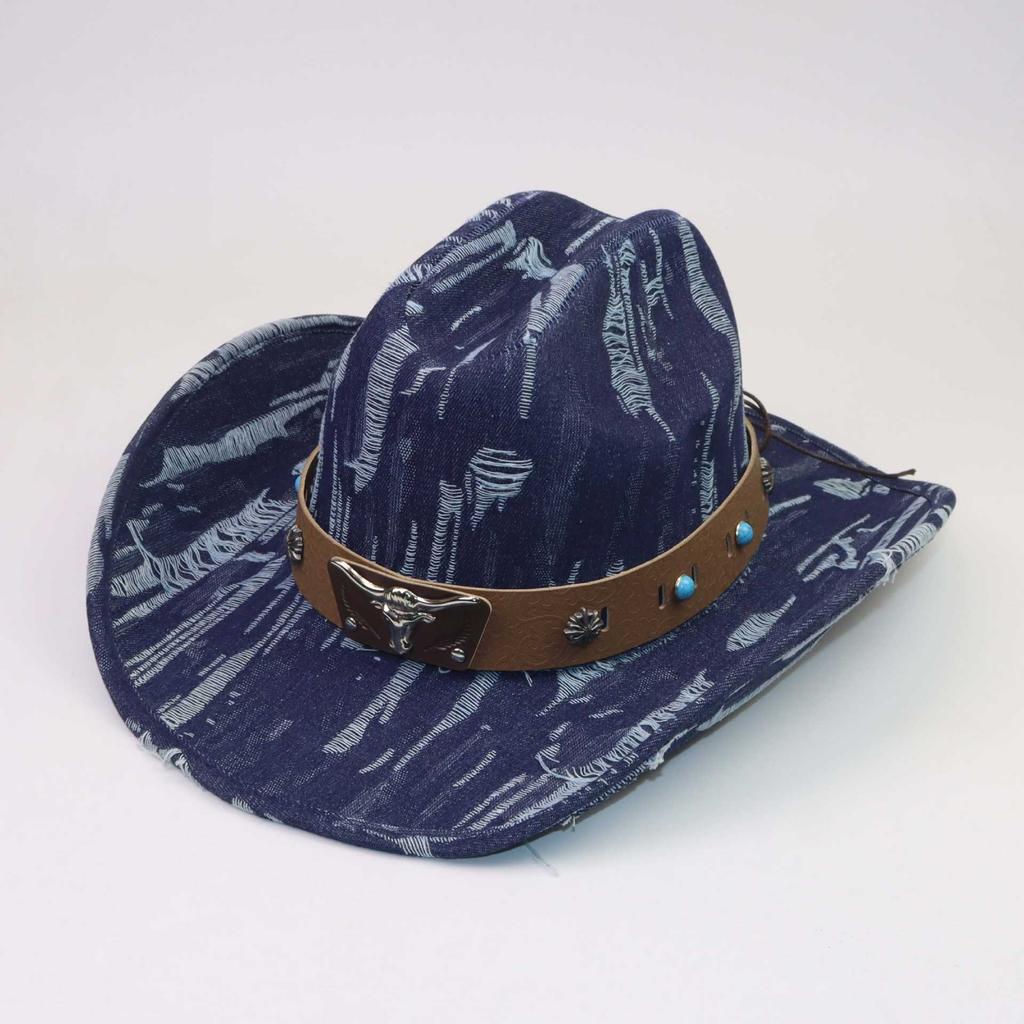 High Quality Personalized Western Cowboy Hat Fashion One-word Top Curved Brim Jazz Hat Cow Head Belt Accessories Top Hat