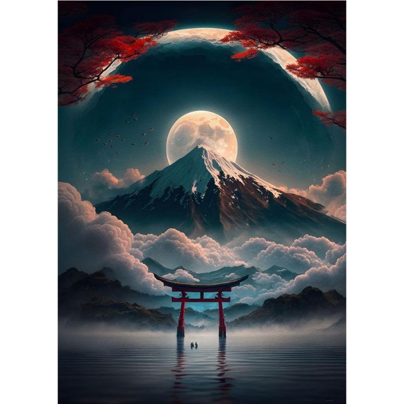 Japanese cherry color koi, fish, moonlake, magic art poster, canvas, painting, Japanese landscape, wall art for living room, home decor