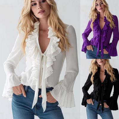 Women's Ruffle Collar Tie Detail Blouse with Bell Sleeves In 3 Colors