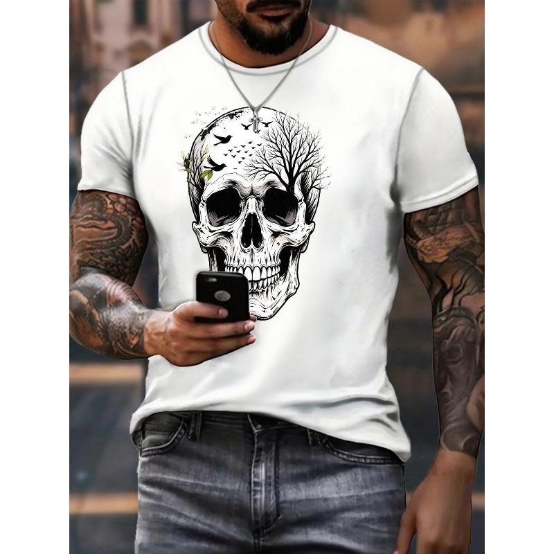 Europäische Größen Herren Grafik T-Shirt - Schwarz-Weiß Kontrastdruck, Reguläre Passform Rundhals Kurzarm, Lässiges Streetwear T-Shirt