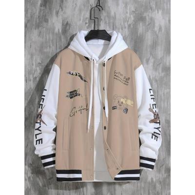 Letter Print Varsity Jacket, Men's Casual Baseball Jacket Coat Regular Fit College Hipster Windbreaker For Spring Autumn
