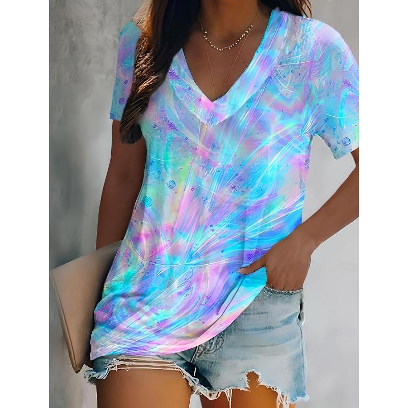 Women's Summer Tops Tie Dye Casual Sleeveless Short Sleeve V Neck Regular Tops Daily Print Spring Colorful T-shirts