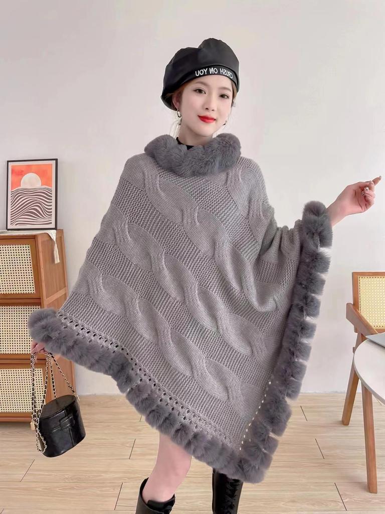 New Imitation Rabbit Fur Solid Color Pullover Cape Sweater Women'S Shawl Pullover Knitted Sweater