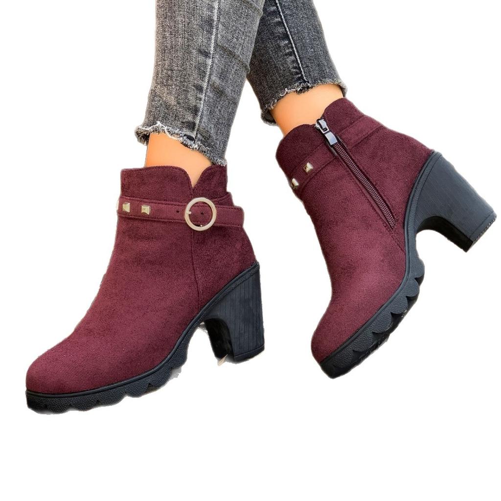 Außenhandel Mode Übergröße Martin Stiefel Damen 2025 Retro High Heel Nieten Schnalle Mode Stiefel Runde Zehe Dicker Absatz Kurze Stiefel