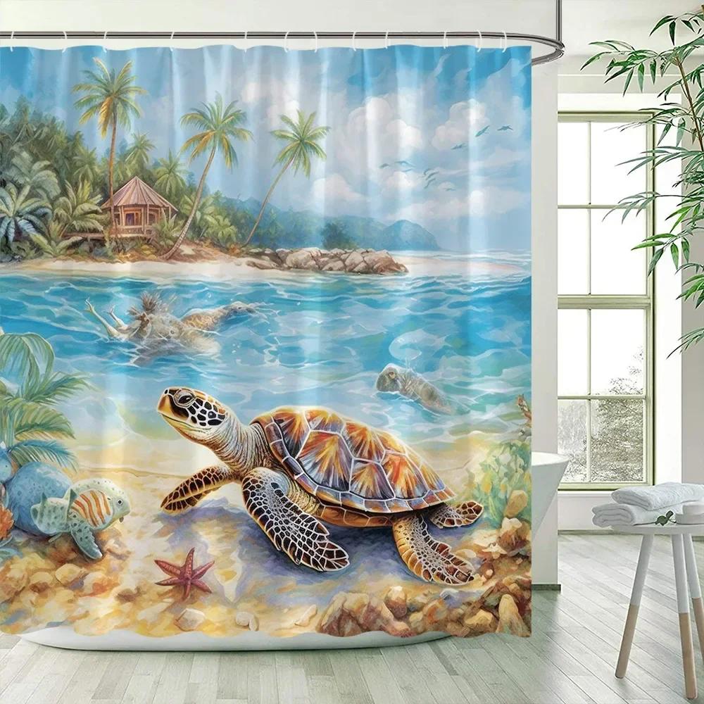 Ocean Sea Turtle Shower Curtains Island Coconut Trees Starfish Oil Painting Art Landscape Polyester Bathroom Curtain Decor .