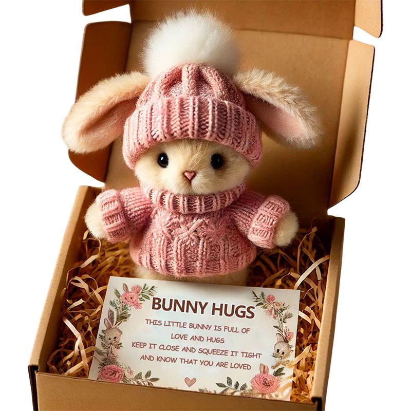 Mini Bunny Hug Cute Easter Gift Plush Bunny With Knitted Hat And Pom Pom Soft Pocket Emotional Support Rabbit With Gift Box Card