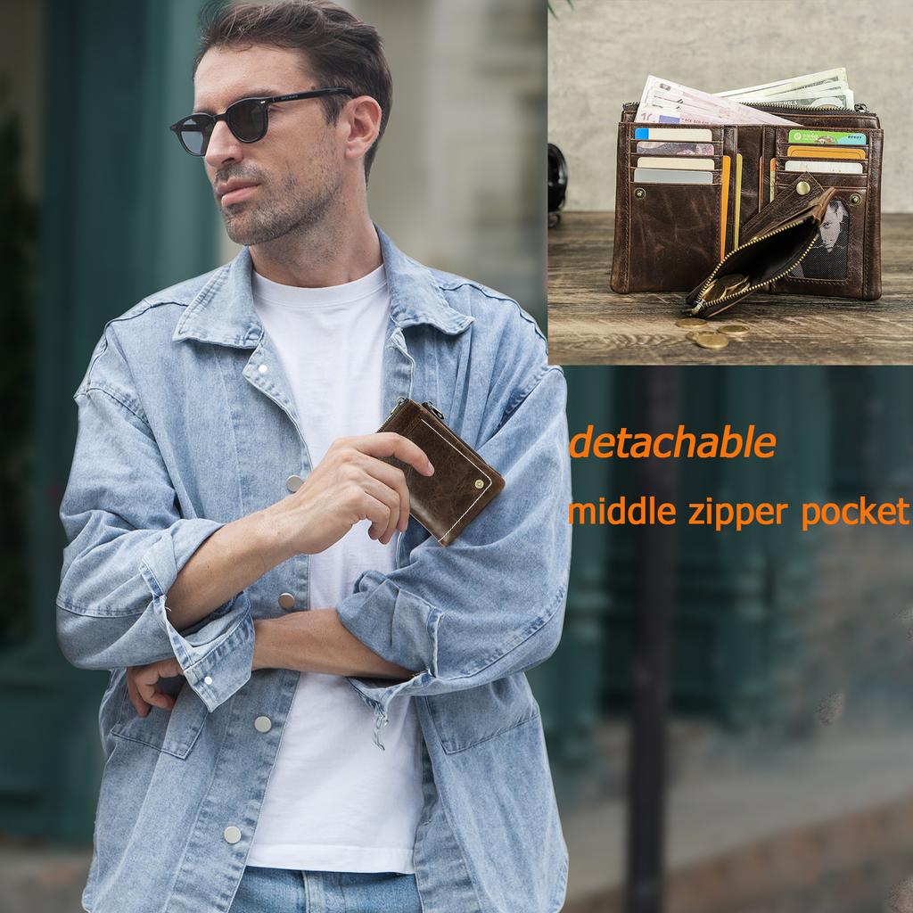 Herren Vintage RFID-Blockierende Zweifach-Geldbörse Mit Abnehmbarem Reißverschluss-Münzfach Echtes Öl-Leder Ausweis-Halter Geldbörse Herren