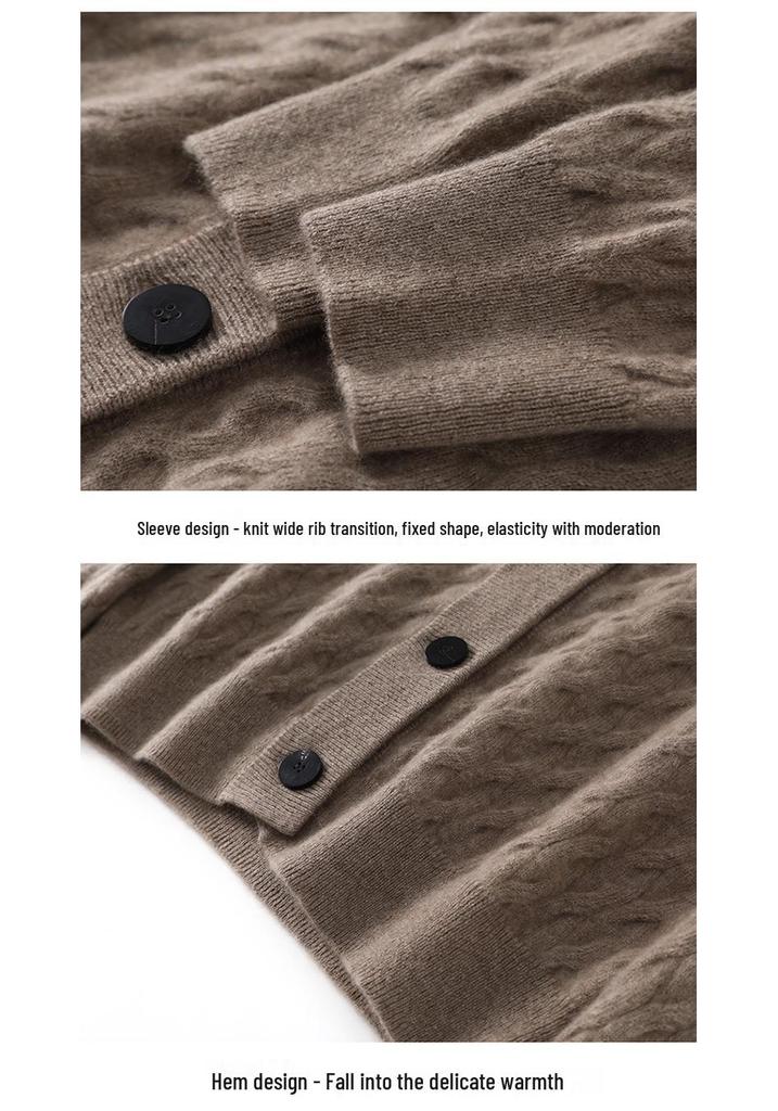 Elegant Korean Style Cable Knit Cashmere Cardigan for Women - Stand-up Collar, Versatile Autumn/Winter Sweater