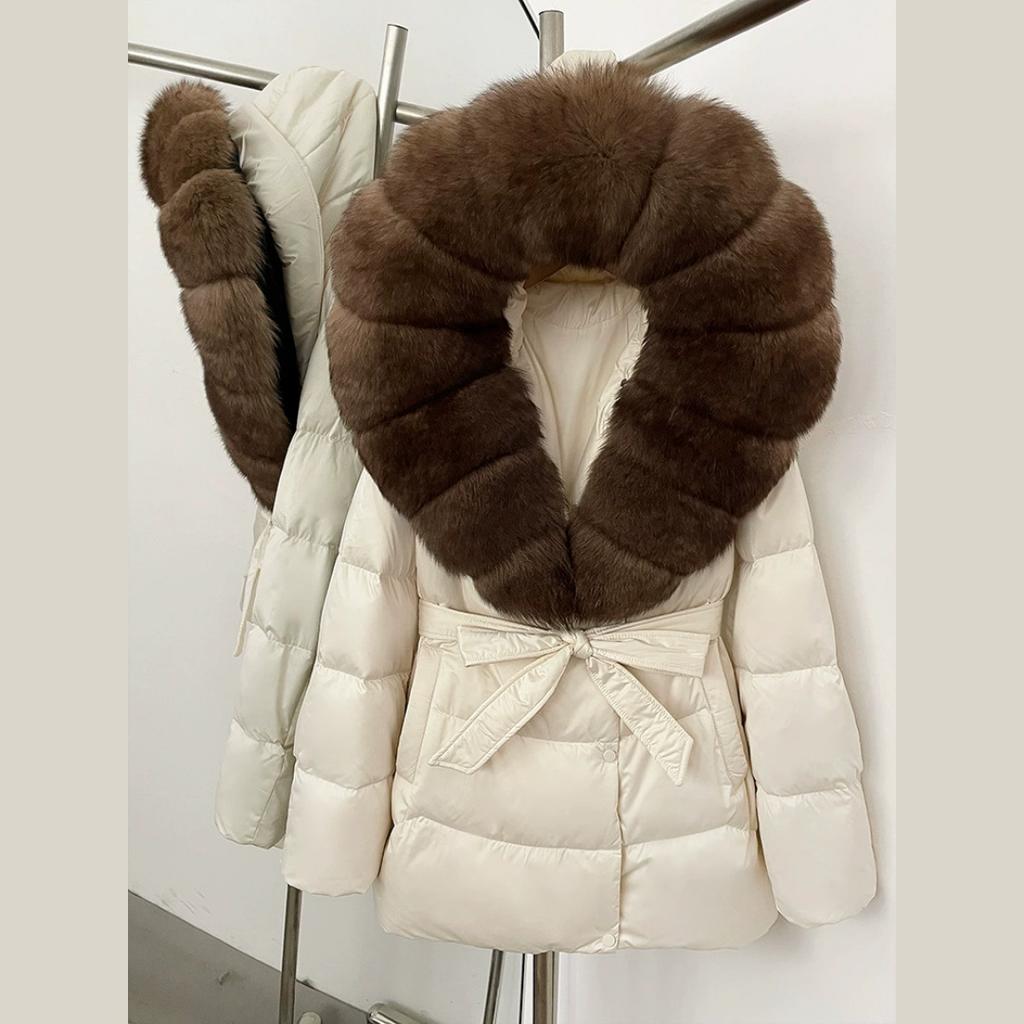 Winter Fox Big Fur Collar High-end Thickened Down Jacket Women's Mid-length Waist Imitation Leather Jacket