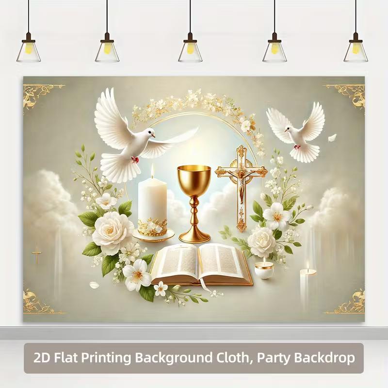 2D Christian Communion Backdrop Golden Chalice & Holy Bible Photo Banner 47.2x31.5inch/120*80cm