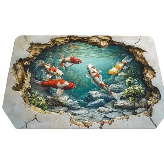 3D Optical Illusion Fish Area Rug Realistic Ground Crack Floor Carpet Non Slip Indoor Doormat for Living Room Bedroom Entryway Bath