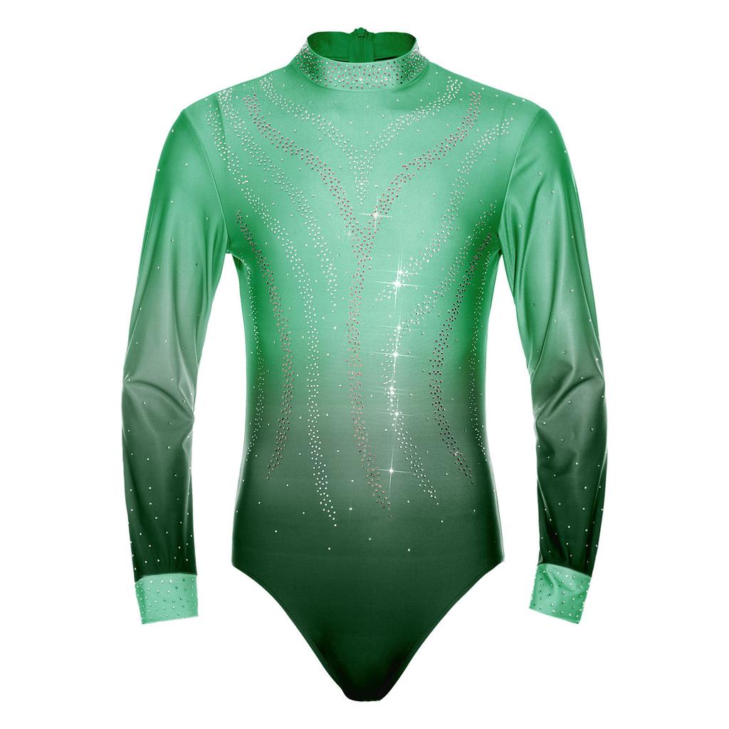 Mens Figure Skating Bodysuit Gradient Color Rhinestones Mock Neck Long Back Zipper One Piece Leotard