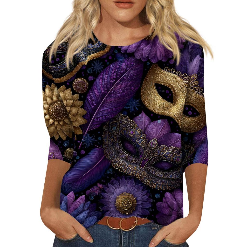 Top de Cuello con Estampado de Carnaval de Manga Tres Cuartos Casual y a la Moda para Mujer