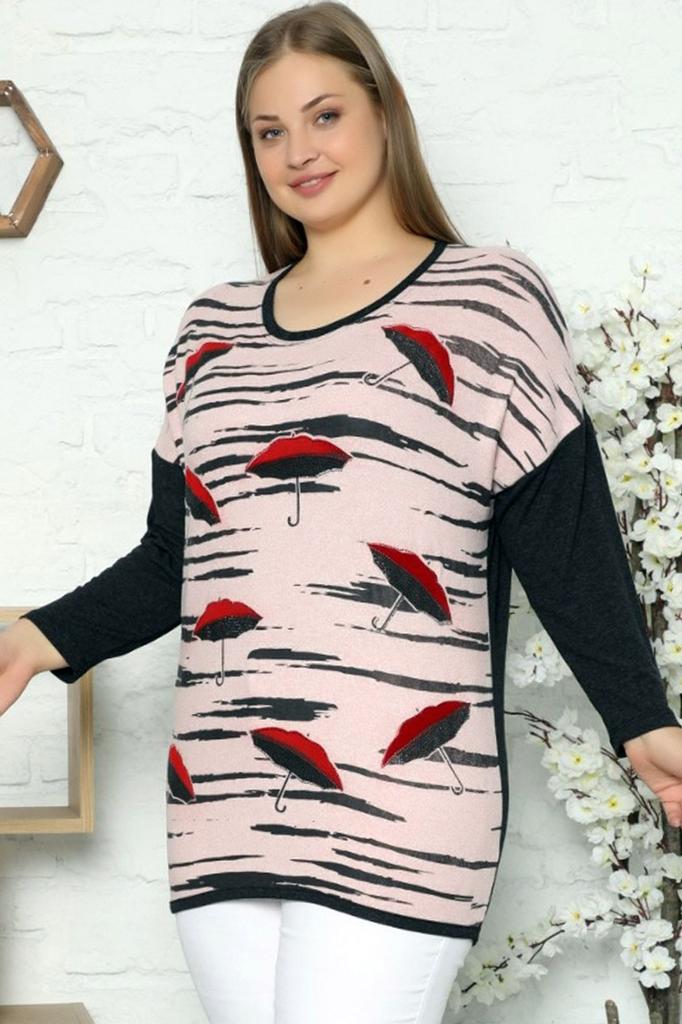 Women's Style Plus Size Tunic Special Design Stone Embroidered Low Shoulder Long Sleeve Umbrella Pattern Blouse