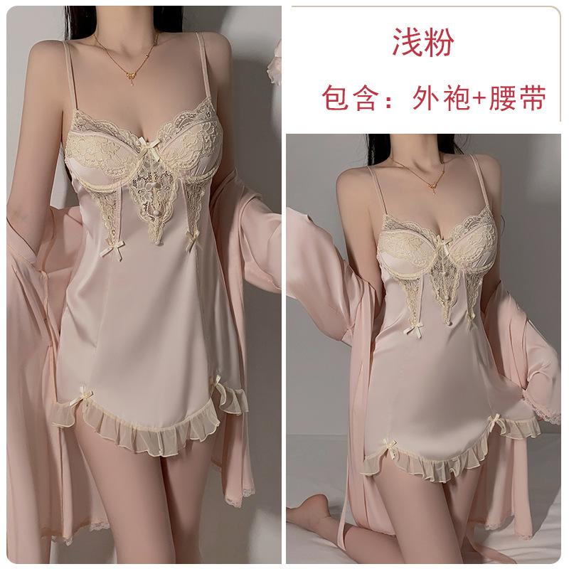 Satin Plus Chest Pad Deep V Temptation Perspective Lace Mesh Ruffle Edge Nightdress Robe Home Set