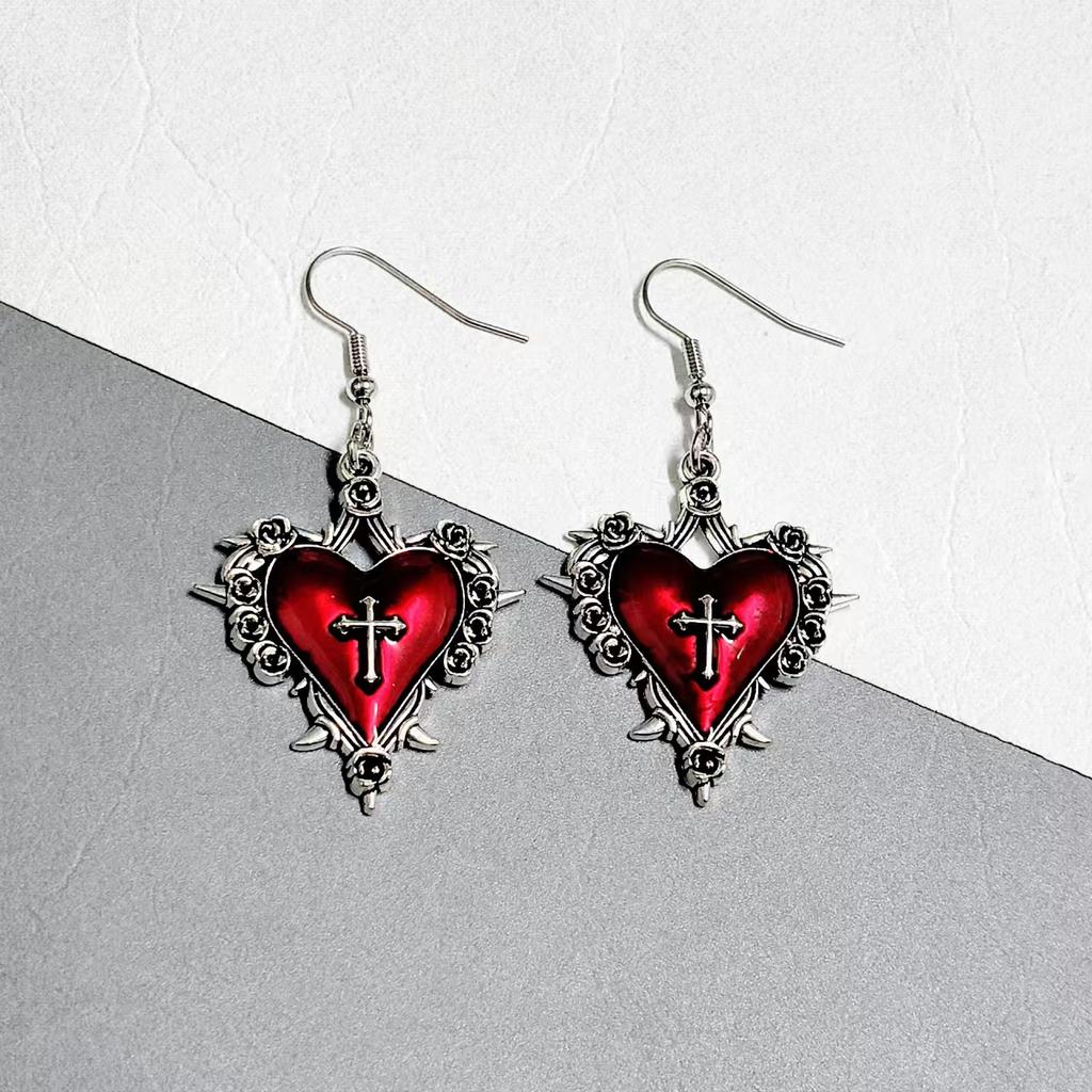Goth Jewelry Thorns Heart Cross Earrings Red Drip Oil Rose Flower Earrings for Women Punk Charms Accessories Grunge Earrings