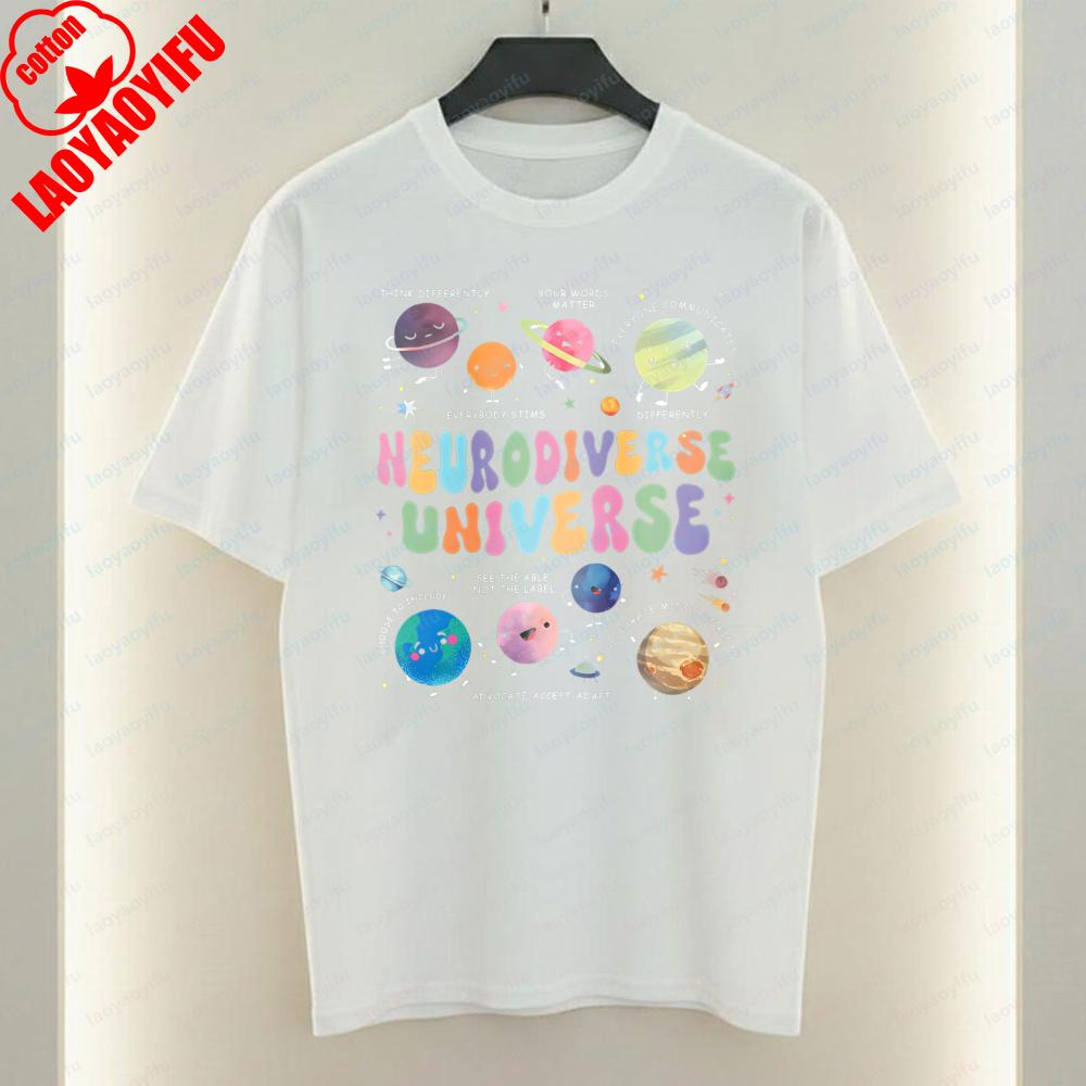 Autism Acceptance Women TShirt Neurodiverse Universe Print Tops Trendy Casual Cotton Tee Casual Style Kawaii Clothes Ropa Mujer